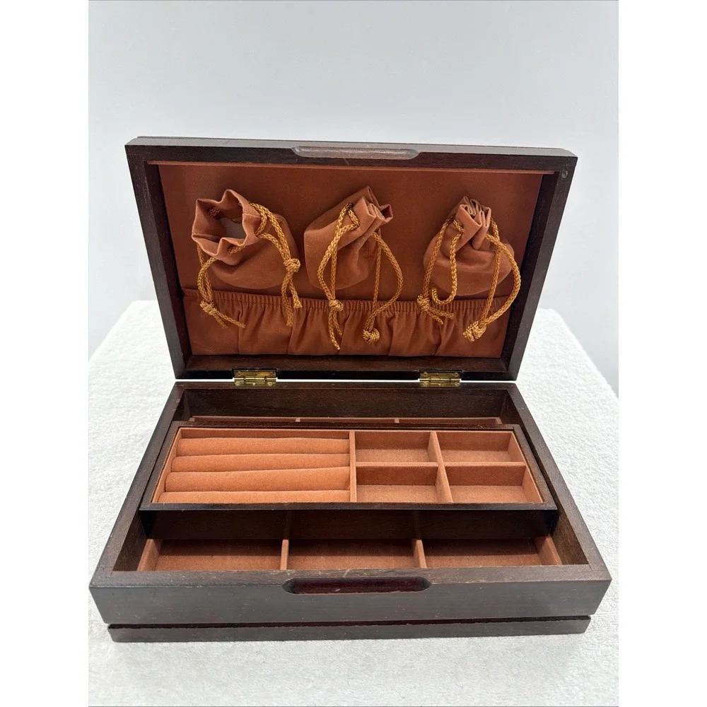 Vintage Wood Unisex Jewelry Box W Tray Multiple Components Cherry Wood Tone